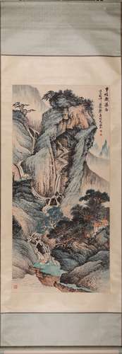 Chinese Waterfall Painting Scroll, Ink and Color on Paper, Z...