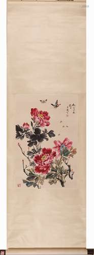 Chinese Butterfly and Flower Painting Scroll, Ink and Color ...