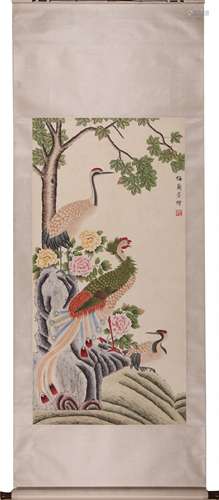 Chinese Flower and Bird Painting Scroll, Ink and Color on Pa...