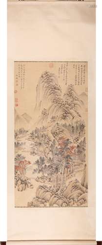 Chinese Landscape Painting Scroll, Ink and Color on Silk, Wa...