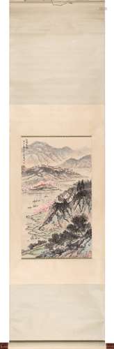 Chinese Landscape Painting Scroll, Ink and Color on Paper, S...