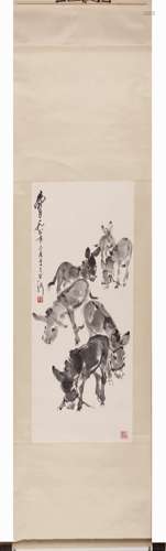 Chinese Donkey Painting Scroll, Ink on Paper, Huang Zhou Mar...