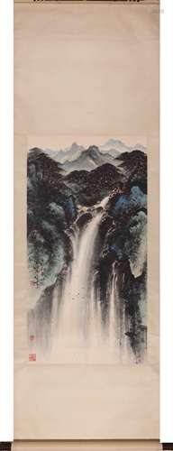 Chinese Landscape Painting Scroll, Ink and Color on Paper, L...