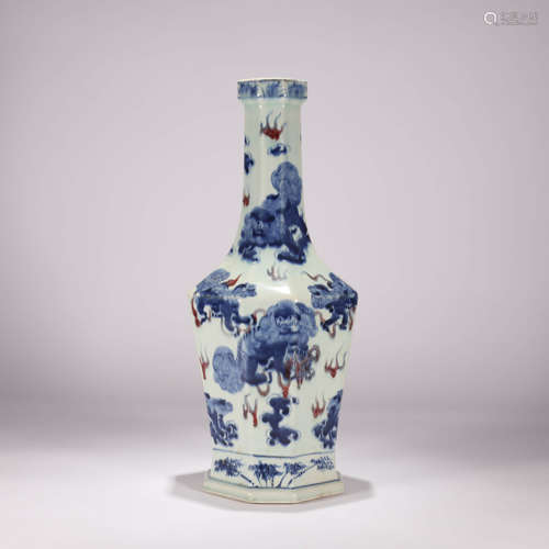 Underglazed-Blue and Copper-Red Glaze Lion Octagonal Vase