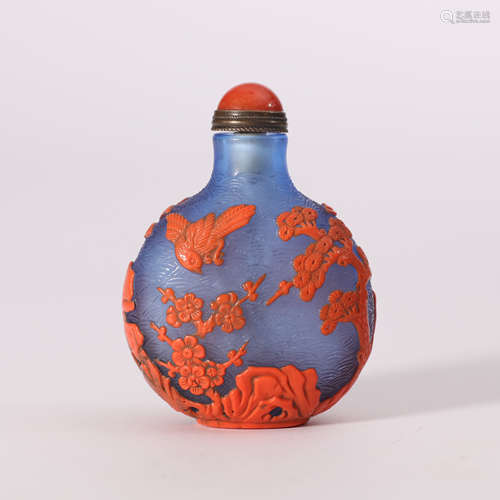 Red Overlay Blue Glassware Magpie and Prunus Snuff Bottle