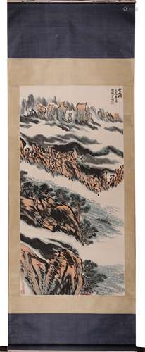 Chinese Landscape Painting Scroll, Ink and Color on Paper, L...