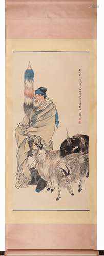 Chinese Herding Painting Scroll, Ink and Color on Paper, Ren...