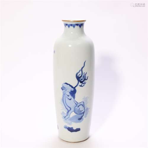 Blue and White Mythical Beast Rouleau Vase