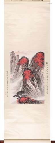 Chinese Waterfall Painting Scroll, Ink and Color on Paper, W...