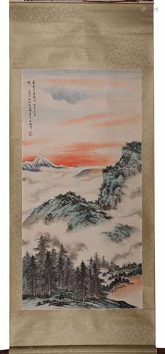 Chinese Landscape Painting Scroll, Ink and Color on Paper, Z...