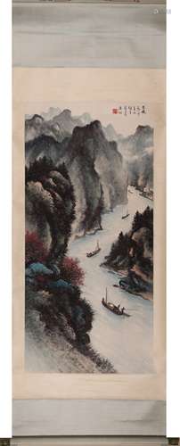 Chinese Landscape Painting Scroll, Ink and Color on Paper, L...