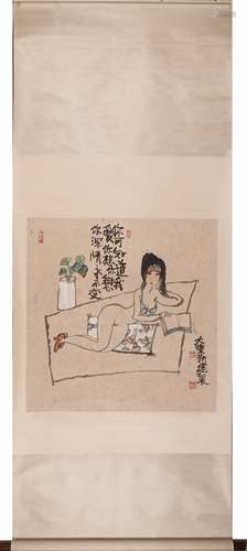 Chinese Figure Painting Scroll, Ink and Color on Paper, Zhu ...