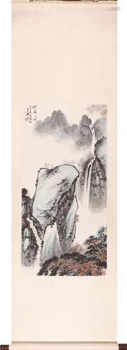 Chinese Landscape Painting Scroll, Ink and Color on Paper, L...