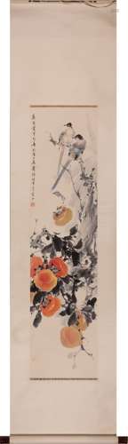 Chinese Flower and Bird Painting Scroll, Ink and Color on Pa...