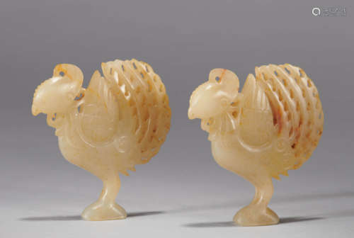 Pairof White Jade Phoenix-Bird Ornaments