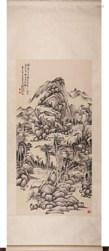 Chinese Landscape Painting Scroll, Ink on Paper, Wu Zheng Ma...