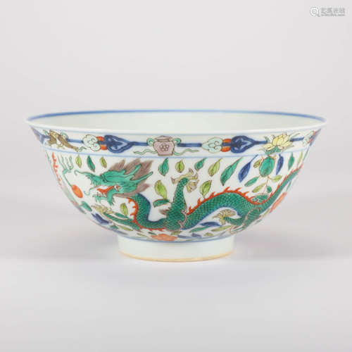 Wucai and Underglaze Blue Dragon and Phoenix Bowl