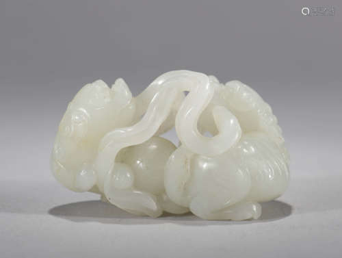 Carved White Jade Twin-Lion Ornament