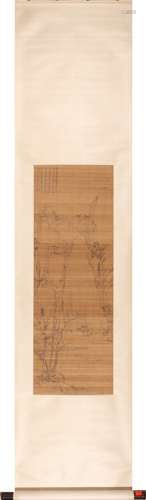 Chinese Landscape Painting Scroll, Ink on Silk, Hong Ren Mar...