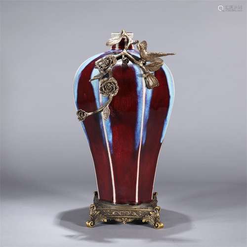 Flambe-Glazed Bronze Octagonal Meiping Vase