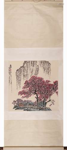 Chinese Landscape Painting Scroll, Ink and Color on Paper, L...