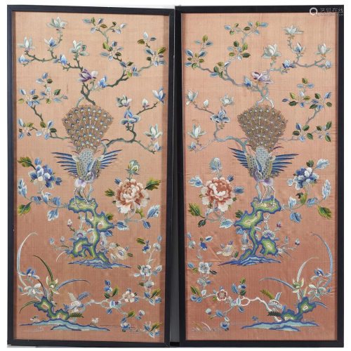 (lot of 2) Chinese embroidered 'peacock' panels