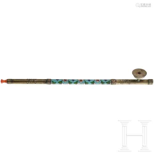 A Chinese brass and enamel opium pipe, 20th century