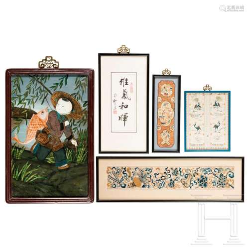 A bundle of framed Asian objects, mostly 19th century