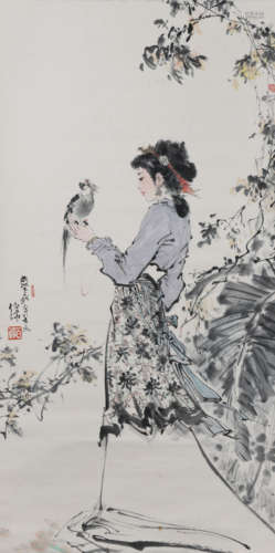 白伯骅（b.1944）少女鹦鹉