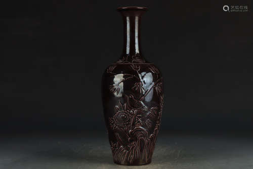 清乾隆 铜漆釉浮雕折枝花卉花鸟纹瓶