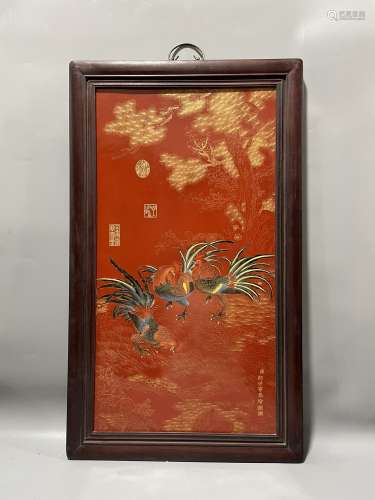 红木镶瓷板画珐琅掐丝三公图挂屏