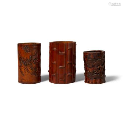 THREE CARVED BAMBOO BRUSHPOTS, BITONG Late 19th/early 20th c...
