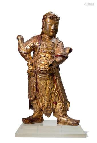 TWO GILT-LACQUERED WOOD FIGURES OF GUARDIAN WARRIORS, WEITUO...