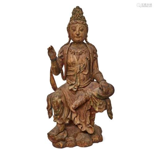 A LARGE POLYCHROME WOOD FIGURE OF A SEATED BODHISATTVA Qing ...
