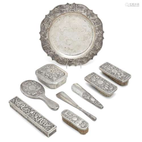 AN ASSEMBLED CHINESE EXPORT SILVER TOILETRY SET 19th century...