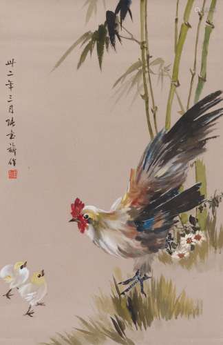 ZHANG SHUQI (1900-1957) Rooster, Chicks and Bamboos