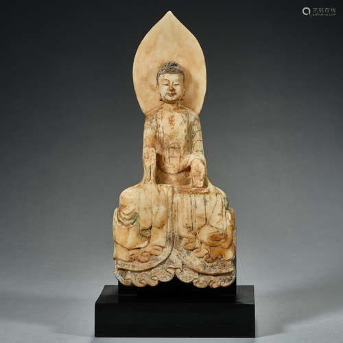 China, White stone with painted, Buddha Statue