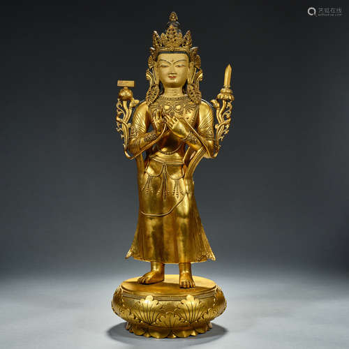 Ming and Qing Dynasties, Gilt Bronze,  Standing Buddha Statu...