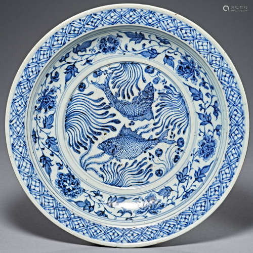 Yuan Dynasty blue and white, Pisces grain decoration, Large ...