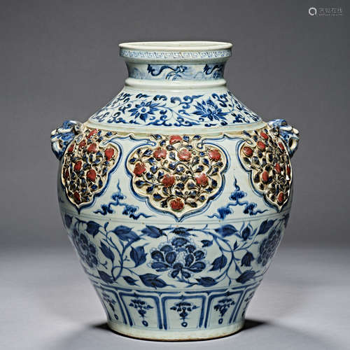 Yuan Dynasty, blue and white, flower decoration, glaze red, ...