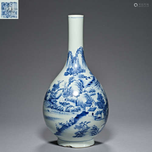 Qing Dynasty Qianlong, blue and white, landscape figure deco...