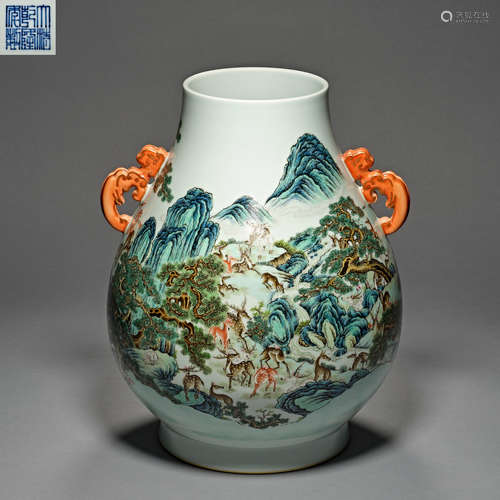 Qing Dynasty Qianlong, hundred deer decoration, Famille Rose...