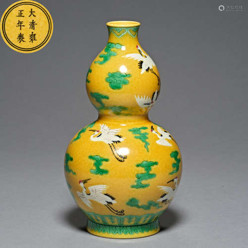 Qing Dynasty Yongzheng, yellow bottom, white crane decoratio...