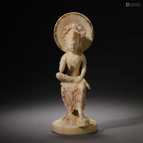 WHITE MARBLE GUANYIN SITTING STATUE， NORTHERN QI DYNASTY, CH...