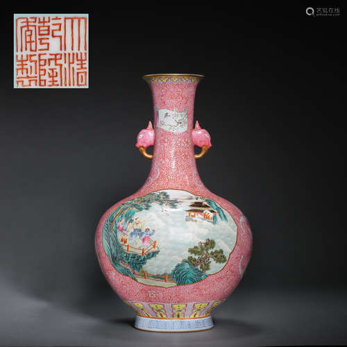 CHINESE FAMILLE ROSE VASE WITH TWO EARS, QIANLONG PERIOD, QI...