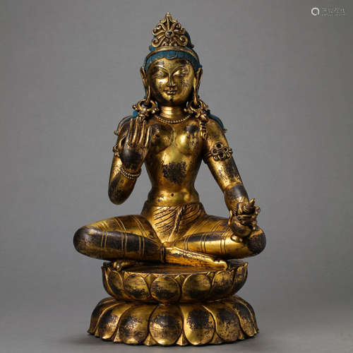 CHINESE MING DYNASTY TIBETAN BRONZE GILDING BUDDHA SITTING S...