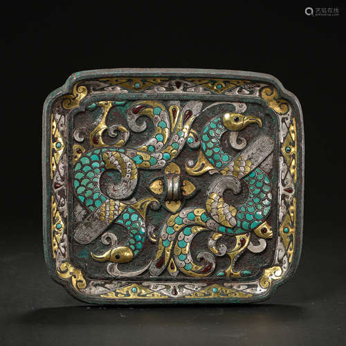 BRONZE MIRROR INLAID WITH GOLD AND SILVER AND TURQUOISES, WA...