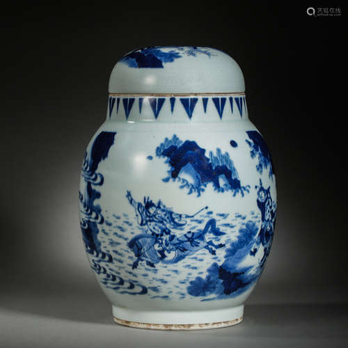 CHINESE MING DYNASTY CHONGZHEN BLUE AND WHITE FIGURE POT  