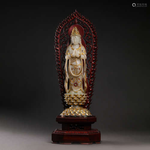 CHINESE TANG DYNASTY HETIAN JADE INLAID GOLD GUANYIN STATION