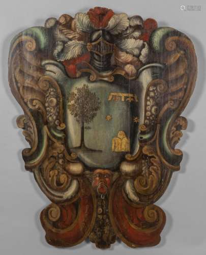 Grande stemma in legno dipinto in policromia,